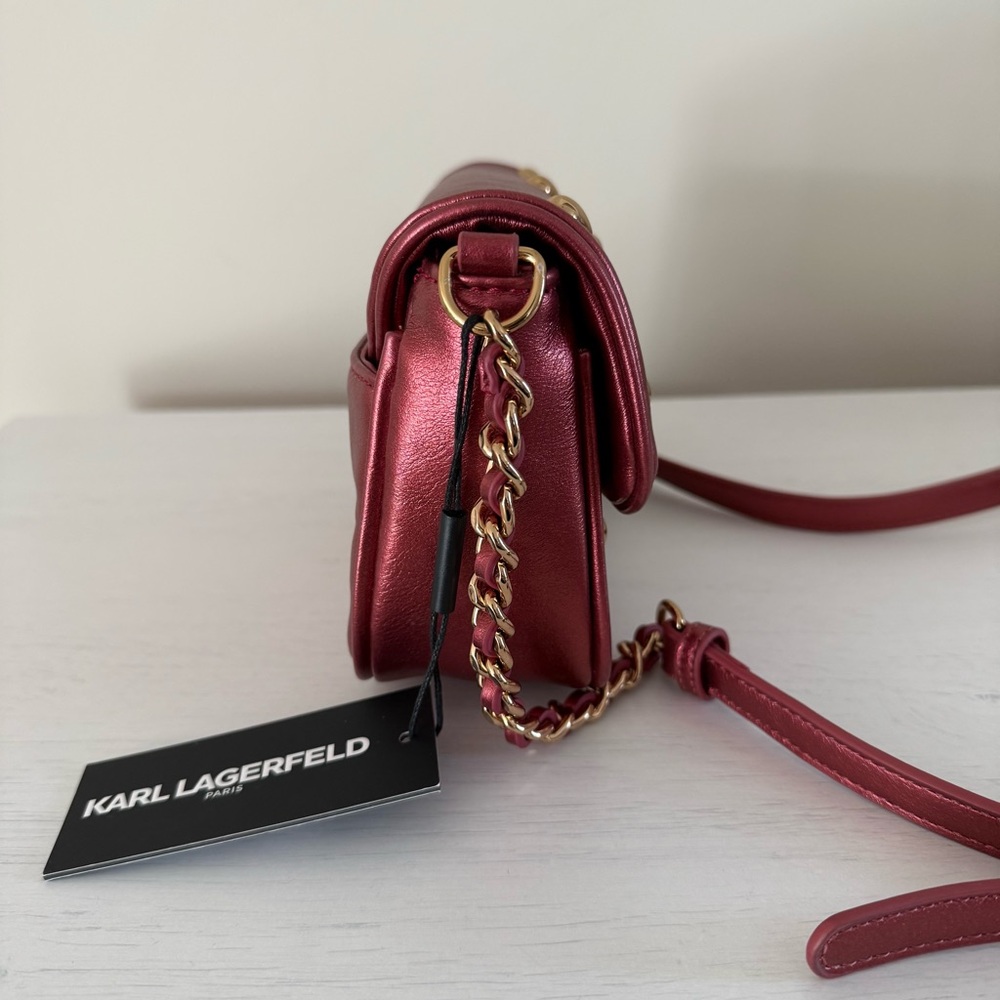 Karl Lagerfeld Metallic Burgundy Heart Flap Bag - Picture 5 of 10